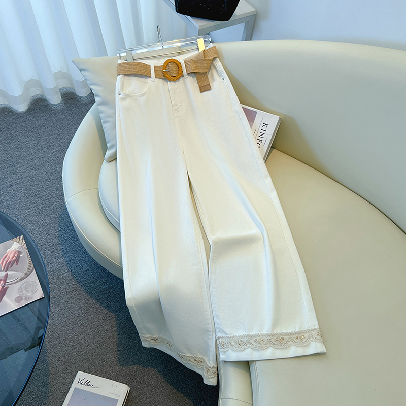 White Wide-Leg Jeans for Women, Summer New Thin Style 2025, Lace Trim, High-Waisted, Slimming, Loose Straight-Leg Pants White Wide-Leg Jeans for Women, Summer New Thin Style 2025, Lace Trim, High-Waisted, Slimming, Loose Straight-Leg Pants