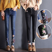 2018 mới thêu hoa quần jeans nữ cạp cao co giãn chân thon gọn quần lửng màu đen quần Hàn Quốc phiên bản hàn quốc