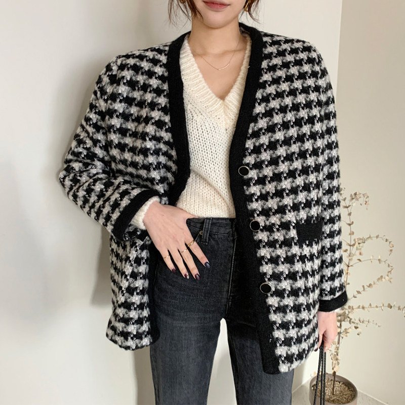 sandro asw small fragrant wind tweed coat women's 2022 autumn and winter new Korean version thickened plaid top