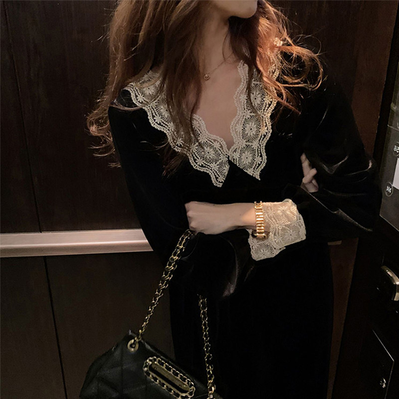 sandro asw gold velvet little black dress 2022 autumn and winter new temperament slim lace fried street dress