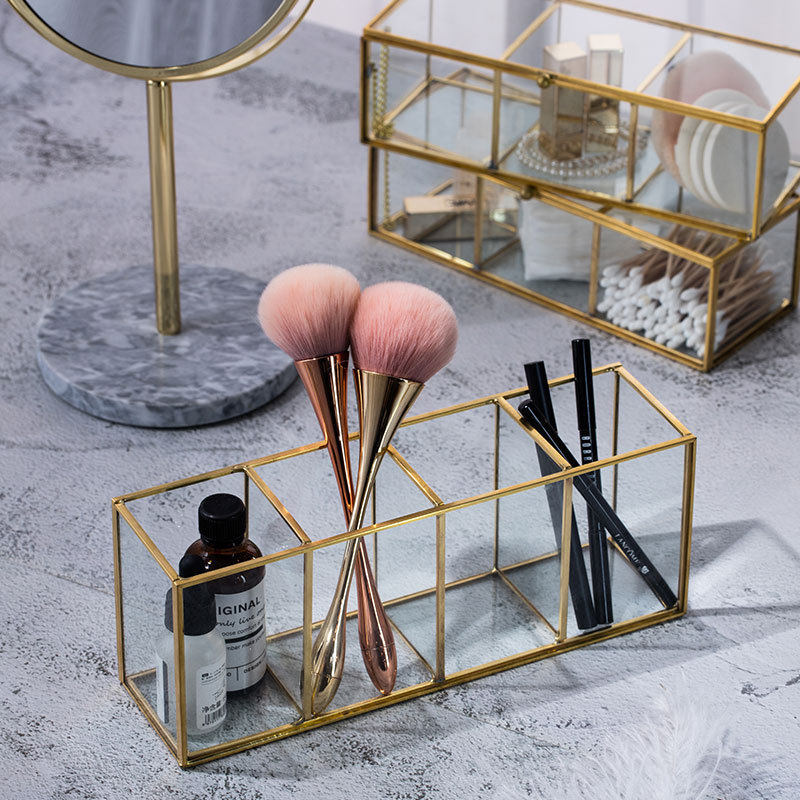 European brass makeup classification Gold glass storage box Desktop makeup brush Pearl four-grid storage ornaments