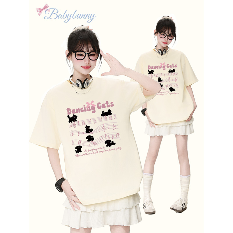 Babybunny Cartoon Milk Fufu Cute Cat Print Short-Sleeved T-Shirt for Women Summer Pure Cotton Sweet Bf Loose Top
