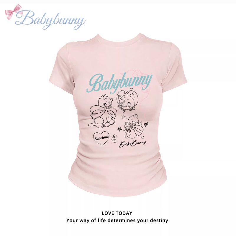 Babybunny Kitten Shoulder-Length Short-Sleeved T-Shirt for Women, New Summer Style, Sweet and Spicy Girl, Slim Fit, Slimming Base Layer Top