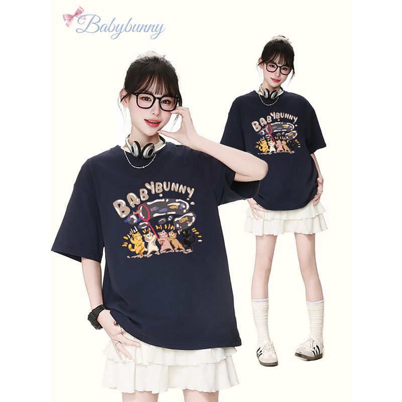 Babybunny Japanese Harajuku Style Cartoon Cute Kitten Pure Cotton Short-Sleeved T-Shirt for Women 2026 Summer Loose Top