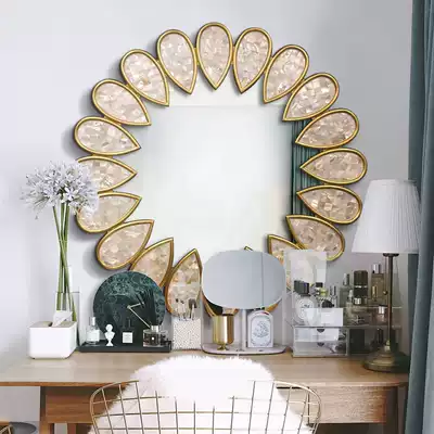 European-style golden shell entrance round decorative mirror Wall decoration pendant Living room dining edge decorative mirror Wall-mounted art mirror