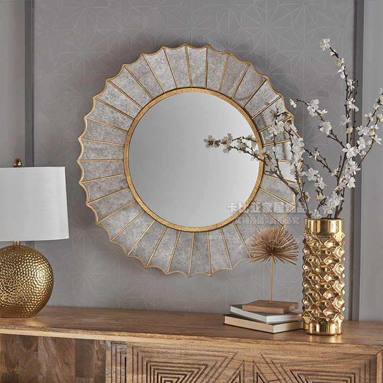 Model room soft retro-made old round carving mask decorated mirror wall hanging wall hanging bathroom makeup mirror