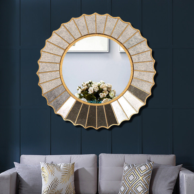 American porch wall stereo wooden decoration mirror wall hanging creative wall decoration parts light luxury wall hanging mirror