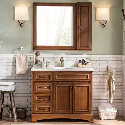 American country solid wood Bath Cabinet combination washbasin Bath Cabinet dressing room washing basin marble countertop edge