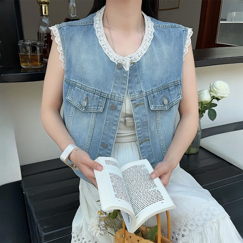 한 부서 레이스 조각 데님 베스트 짧은 여성 코트 봄 가을 새로운 세련된 외국 가스 외부 가져 가라. 조끼 맨위 상세 이미지 3