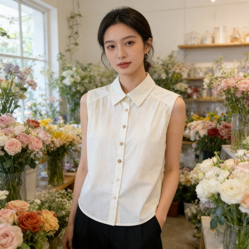 Minimalist Style White Sleeveless Shirt for Women, New Summer Model, Chic and Beautiful Blouse with Turn-Down Collar and Buttons, Suitable for Commuting and Layering