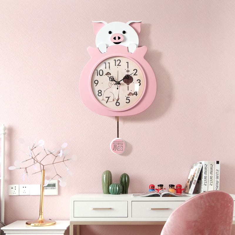 Creative Pig Hanging Bell Cartoon Children Room Bedroom Hanging Wall Swing Clock Living Room Home Cute Pendulum Clock Quartz Clock Watch