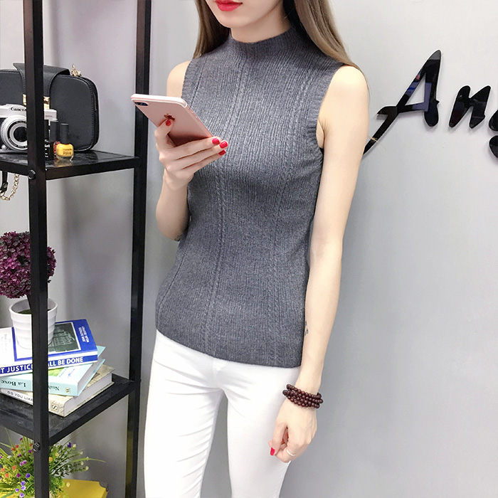 2018 mùa thu mới nửa cổ cao đan áo thun co giãn cao Slim mỏng không tay sling đáy áo sơ mi nữ áo bánh bèo