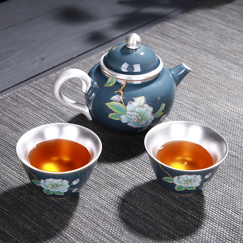 Morning high ceramic coppering. As silver kung fu tea set colored enamel coppering. As silver tureen teapot tea cup gift box master CPU