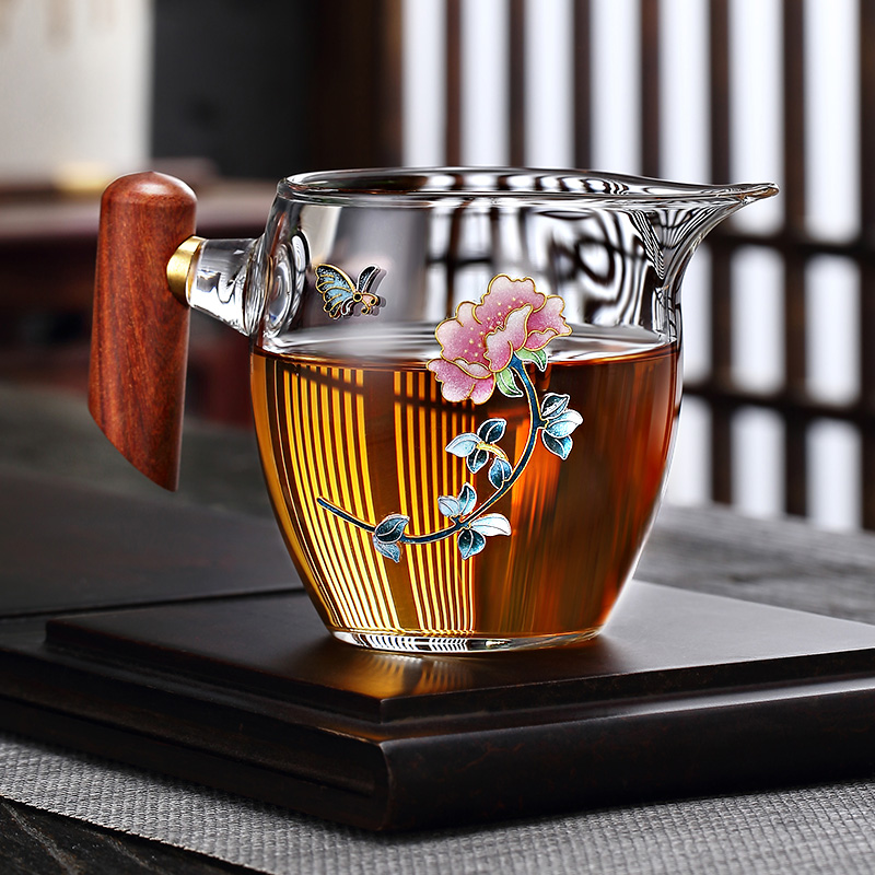 Morning height thickening high temperature resistant silver inlaid wooden handle gongway cup glass cloisonne kung fu tea set tea UG high-grade male Cup