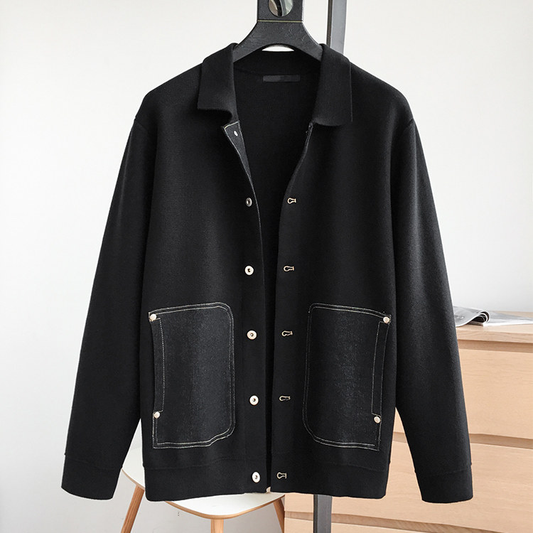 (Japan single 16-needle flat machine process anti-pilling pocket)Autumn and winter men's lapel knitted cardigan sweater