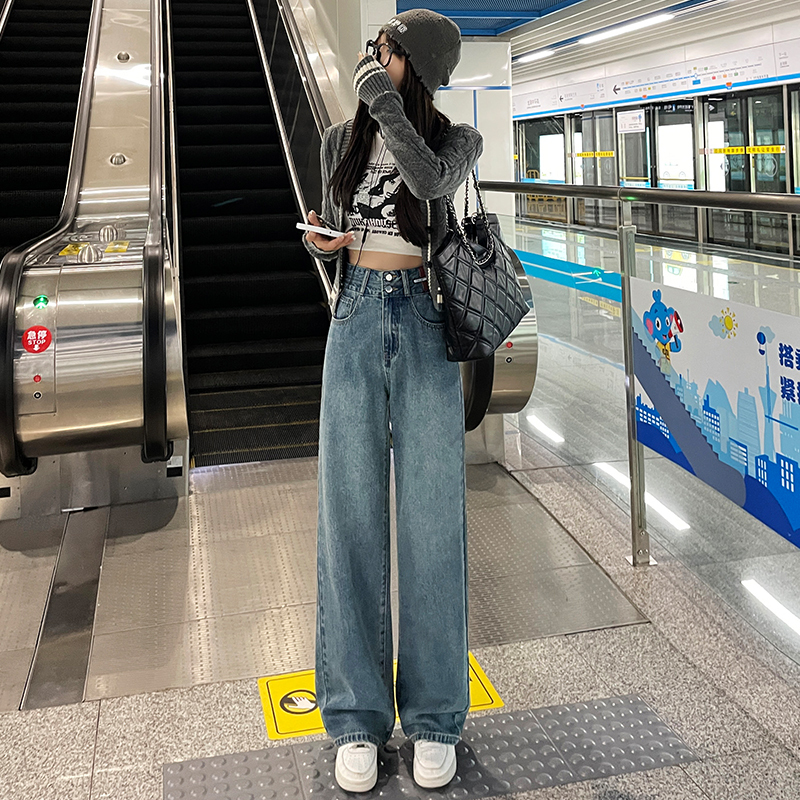 Vintage Wide-Leg Jeans for Women, New Spring/Summer Style, Double-Button Slim-Fit Loose Straight-Leg Drapey High-Waisted Floor-Length Pants