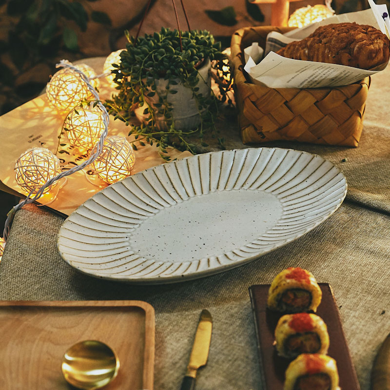 Playthings retro rough pottery fish plate large oval plate creative home Jingdezhen handmade striped Japanese porcelain dinner plate