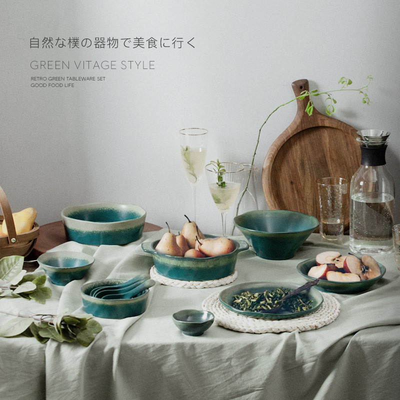 One Person Eclipse Nordic Ceramic Cutlery Sets Day Style Fruit Salad Bowl tray Dining Hall Retro Green Rice Bowl noodle bowl