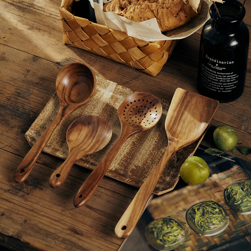 Play with objectiate Wrought Iron Knife Wood Spoon Large Soup Spoon Day Style Long Handle Leaking Spoon Shovel Rice Spoon wooden home Late Night Cafeteria