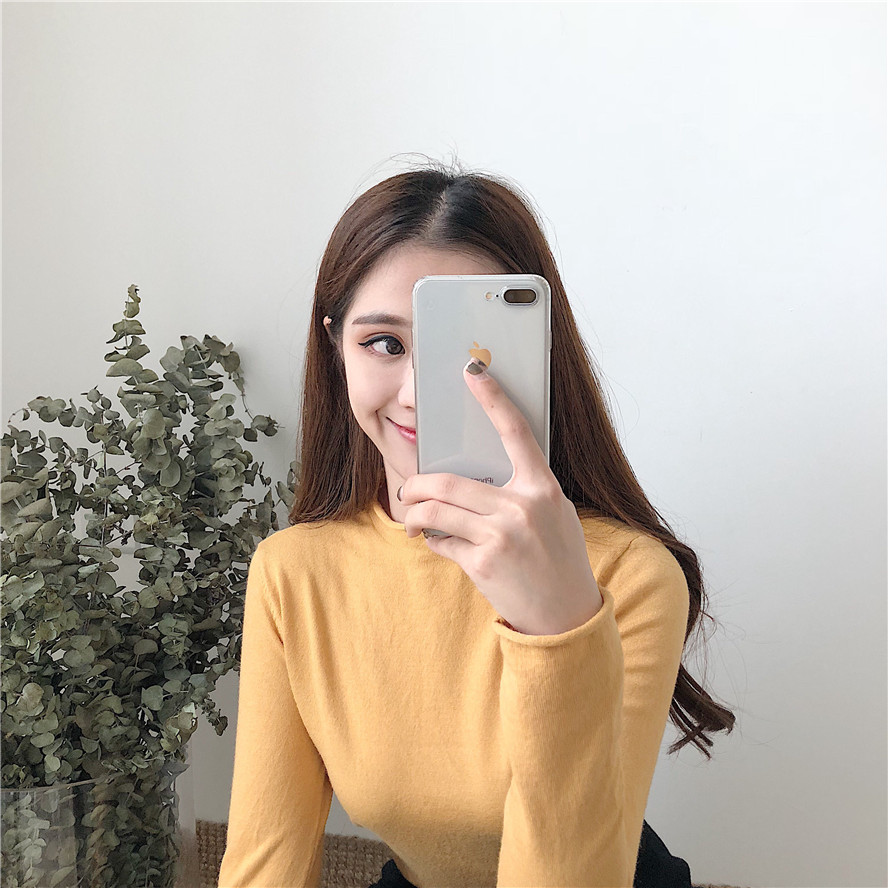 Phiên bản Hàn Quốc của mùa thu và mùa đông sang trọng nửa cổ cao uốn xoăn màu rắn chạm đáy áo len nữ dài tay hoang dã bộ áo len mỏng shop thời trang nữ