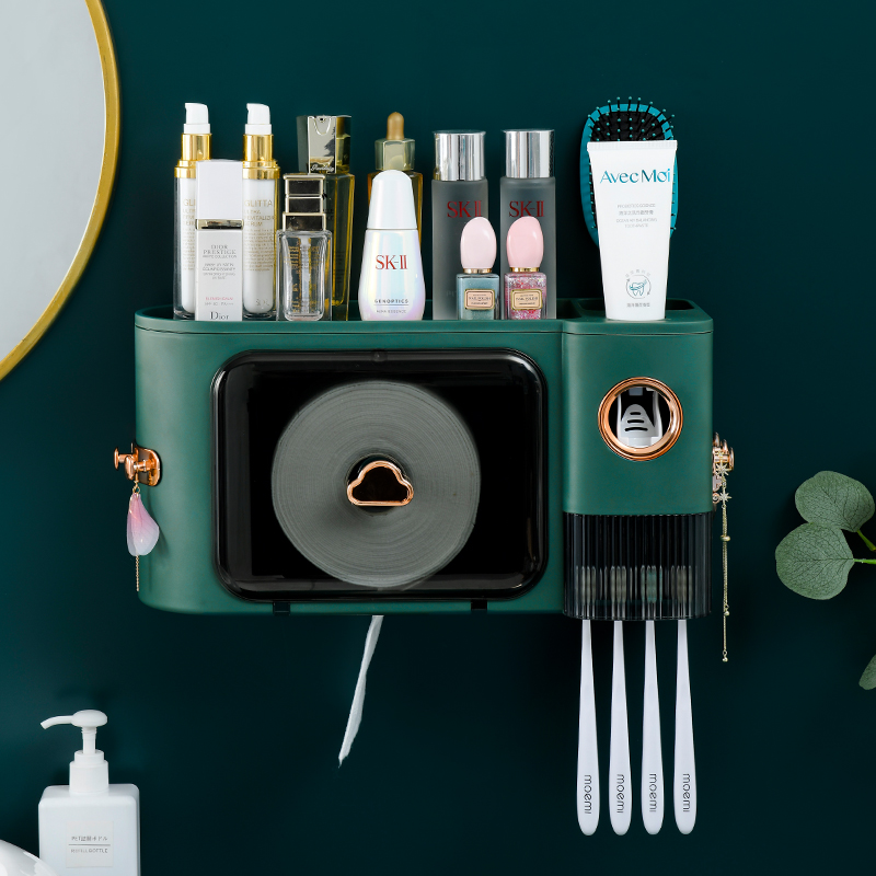 Toothbrush rack multi-functional bathroom dressing room punch-free wall-mounted storage box net celebrity squeeze toothpaste for a family of four