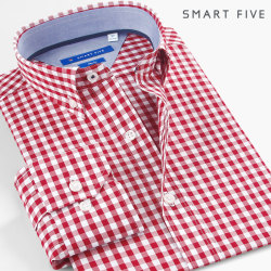 SmartFive Contrast Slim Red Plaid Shirt Men's Long Sleeve Pure Cotton Fashionable Youth American Casual Shirt