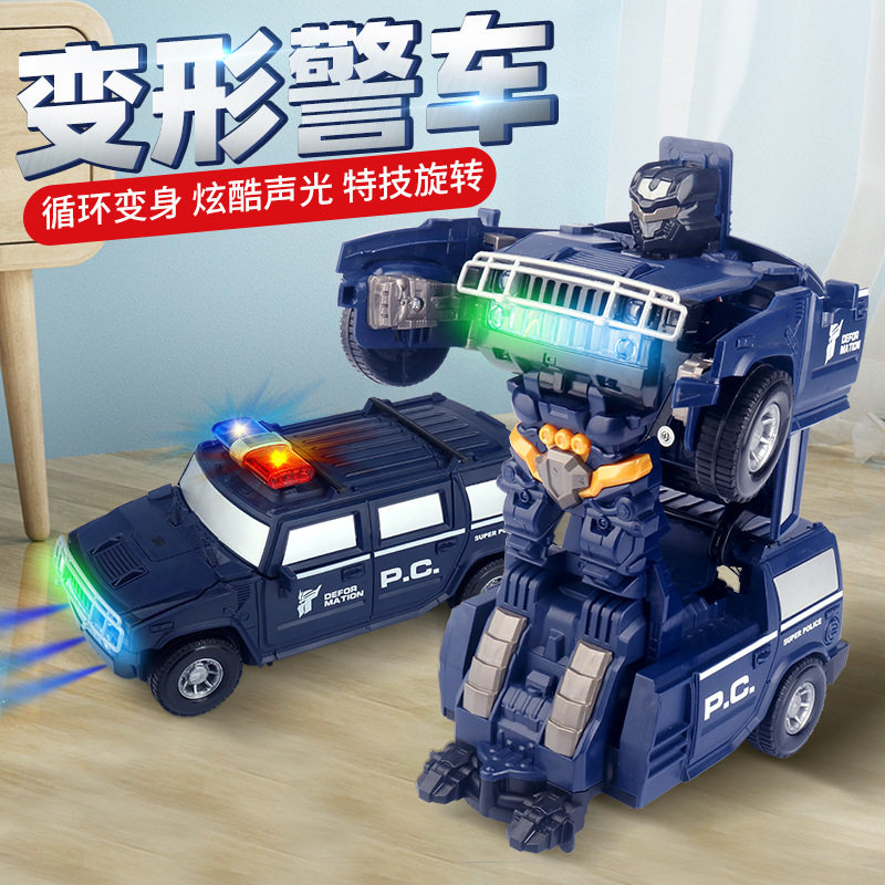 Electric deformation police car to 360 rotating stunt music lighting automatically transforms police car toy boy 3-6