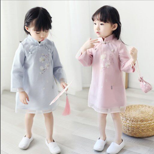 Halal Bin Girl Qipao 2021 Spring Children Foreign Dress Retro Jade Orchid Skirt Baby China Wind Ancient Clothes Hanfu