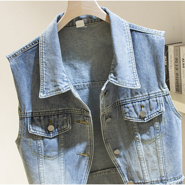 ການອອກແບບສີອ່ອນໆຂອບສັ້ນ denim vest ສໍາລັບແມ່ຍິງ 2024 ພາກຮຽນ spring ໃຫມ່ sleeveless vest vest vest jacket