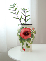 Export to the United States Blue sky hand painted hibiscus ceramic large vase Chinese home furnishings living room flower arrangement