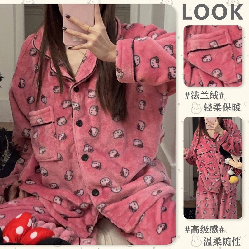 2026 New Coral Velvet Warm Women's Pajamas Autumn and Winter Flannel Cardigan Plaid Home Clothes Cute Set