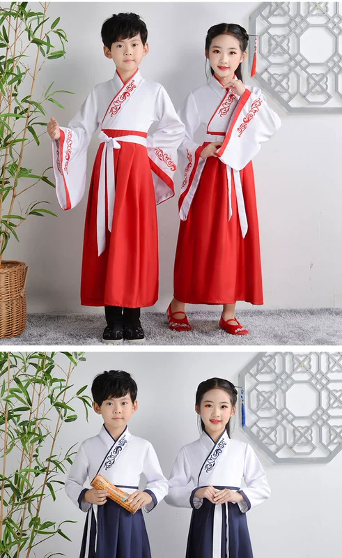 Trang phục trẻ em Hanfu đồng phục học sinh Trung Quốc cậu bé đệ tử váy cô gái váy ba nhân vật trang phục biểu diễn - Trang phục