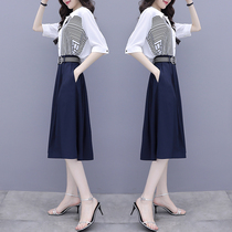 2021 autumn new womens chiffon shirt dress waist thin temperament two-piece A- line dress Zi Xia