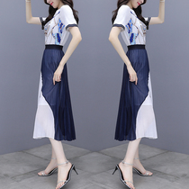 Chiffon dress womens summer 2021 New Light mature wind waist thin temperament two-piece pleated skirt