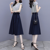 Gentle wind dress womens summer 2021 new waist thin temperament V-collar stripe two-piece shirt skirt