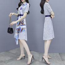Shirt dress Women summer 2021 New lace-up waist thin temperament stripe print chiffon A- line dress