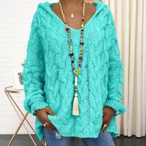 Hooded V-Neck Long Sleeves Twist Knitted Hoodie Autumn Winte