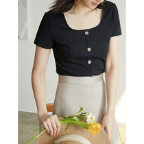 Eurocan-style entryway to medullary ~ U collar short sleeve T-shirt Korean version of undershirt black square collar conspicuic blouses woman summer