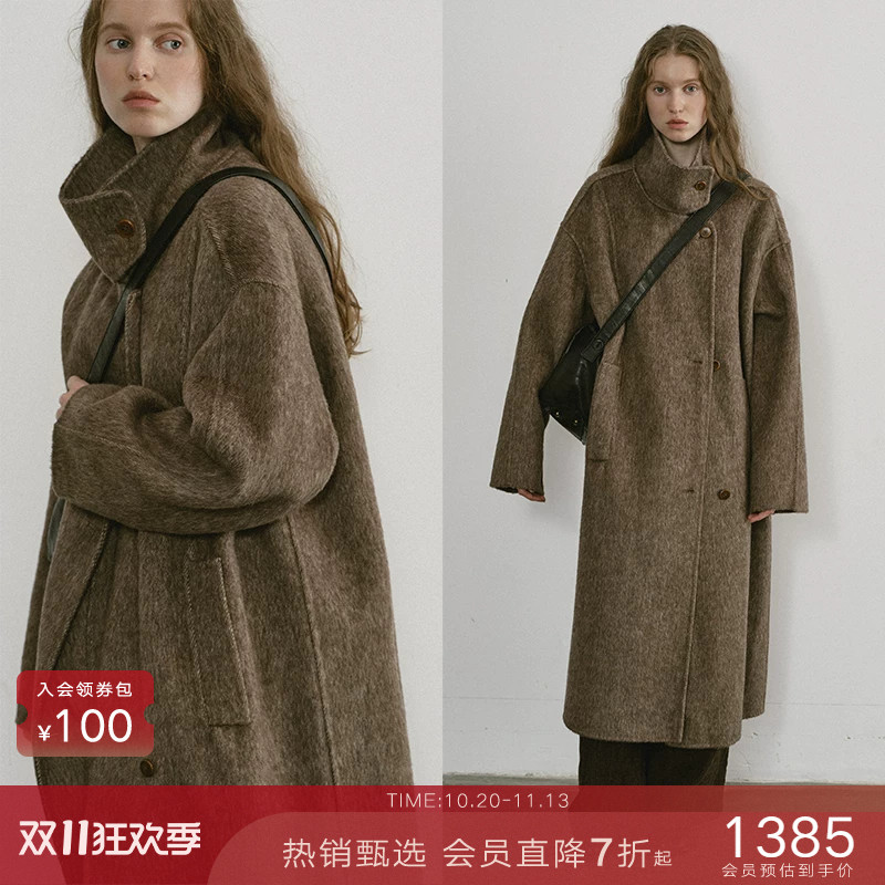 Popchrio ◆ Heavyweight Stand-Collar Camel Wool Blend Double-Sided Woolen Coat, Loose-Fitting Thick Long Woolen Overcoat.