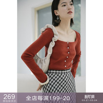 Eurocans elegant and charming ~ retro square collar Long sleeves T-shirt wool sweater knit undershirt for womens autumn