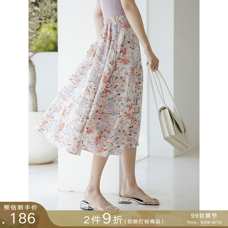 Ou Ke Rui Summer abstract print ~ small fresh purple small floral skirt mid-length version A-line holiday girl