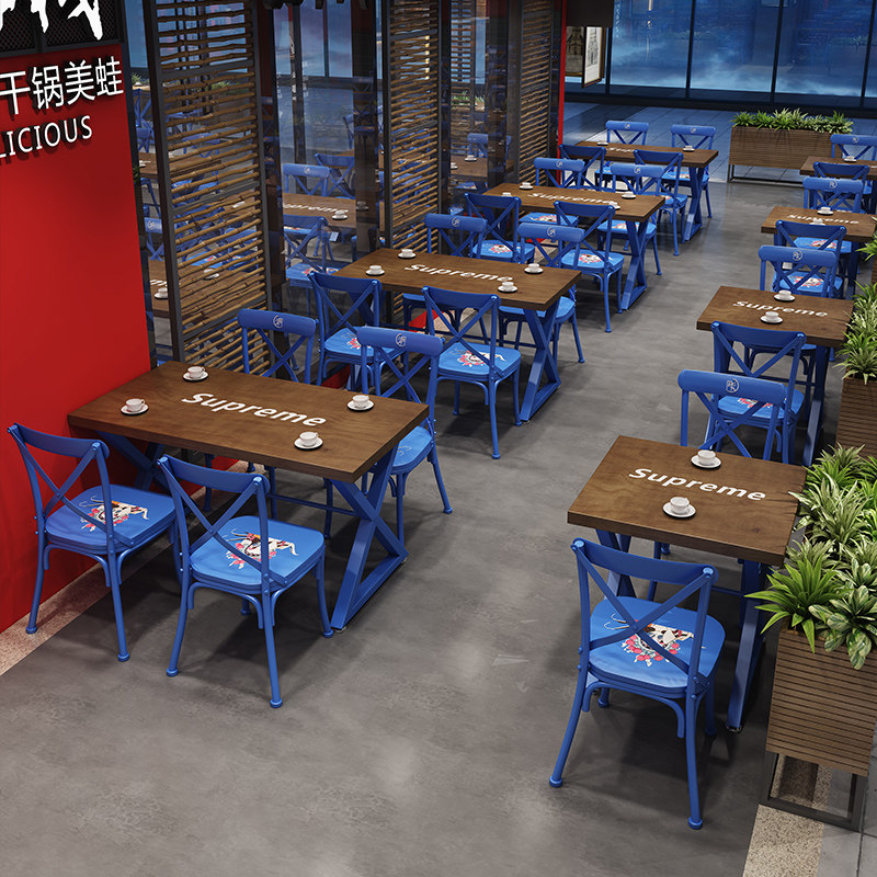 Hotel Dining Table And Chairs Combined Milk Tea Shop Cafe Roast Fire Pot Shop Industrial Wind Burger Shop Solid Wood Table Long-Taobao