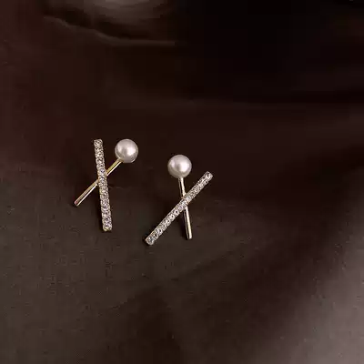 Cross X-shaped pearl commuter earrings 2021 New Tide Japanese and Korean temperament sterling silver earrings simple versatile Women Small