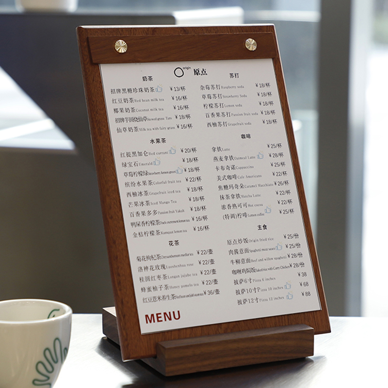 Walnut menu clip vertical custom logoA4A5 writing pad brass plate clip coffee milk tea shop display card