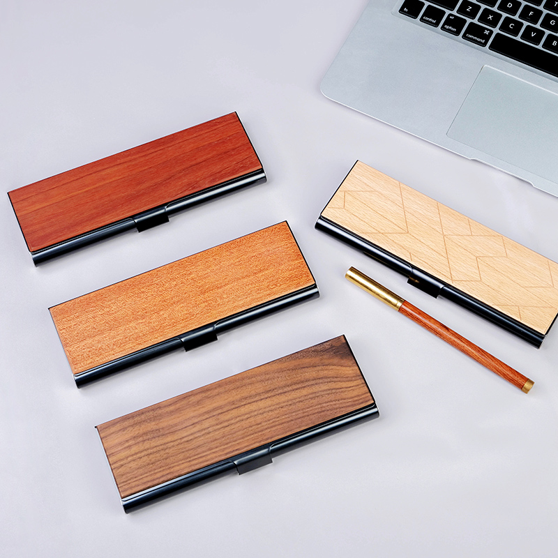 Pen box business custom logo solid wood stainless steel literary retro simple storage creative gift pen stationery box