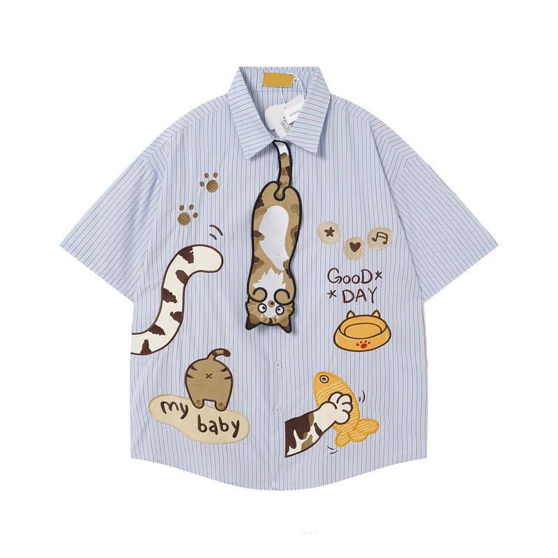 Japanese Retro Fun Cat Embroidery Striped Tie Short-Sleeve Shirt Unisex Summer Loose Couple Versatile Top