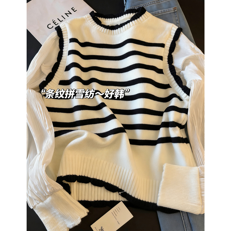 Huxiazi~French-Style Fake Two-Piece Knit Sweater for Women, Early Spring Color-Blocking Shirt with Striped Vest Top