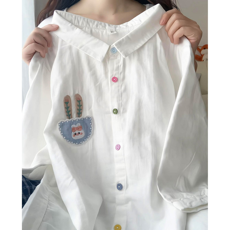 Hujiazi Recommends! so Cute and Youthful~ White Bunny Cartoon Embroidery Design Layered Short-Sleeve Shirt