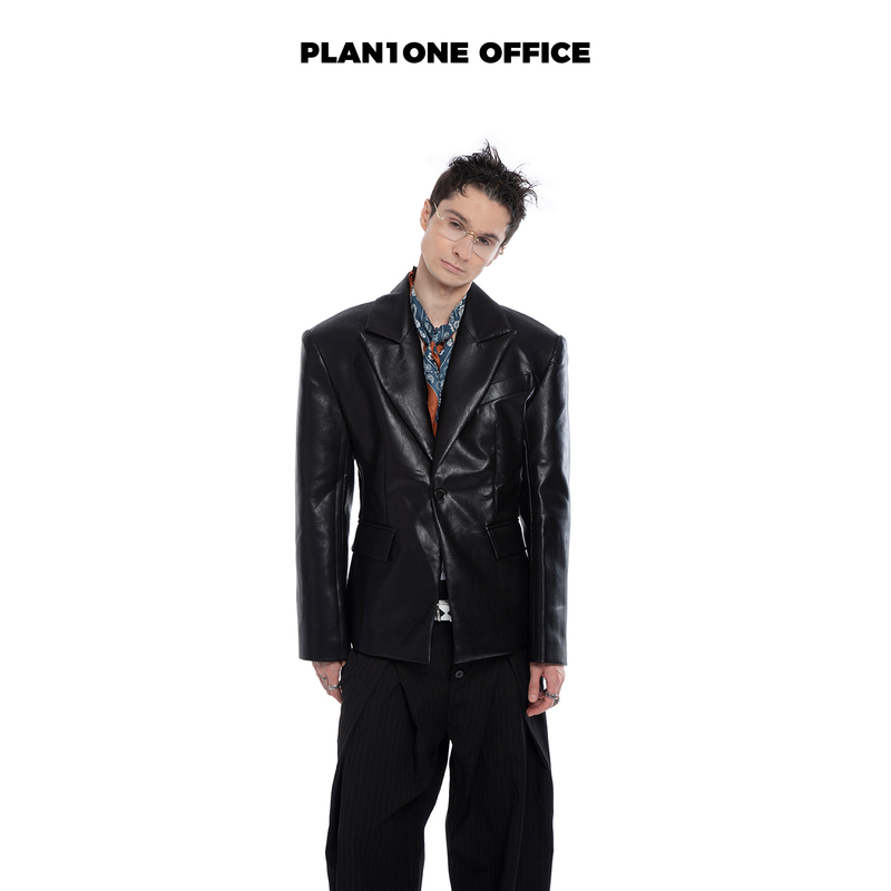 Plan1One25Fw Old Money French Light Luxury Waist-Cinching Silhouette Shoulder-Padded Leather Jacket Suit, Cool and Stylish Shoulder-Raising Blazer