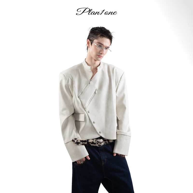 Plan1One Quiet Luxury New Aristocratic Style Suede Distressed Jacket with Multiple Rows of Buttons, Diagonal Placket, Zipper, Short Wide Silhouette Jacket Plan1One Quiet Luxury New Aristocratic Style Suede Distressed Jacket with Multiple Rows of Buttons, Diagonal Placket, Zipper, Short Wide Silhouette Jacket